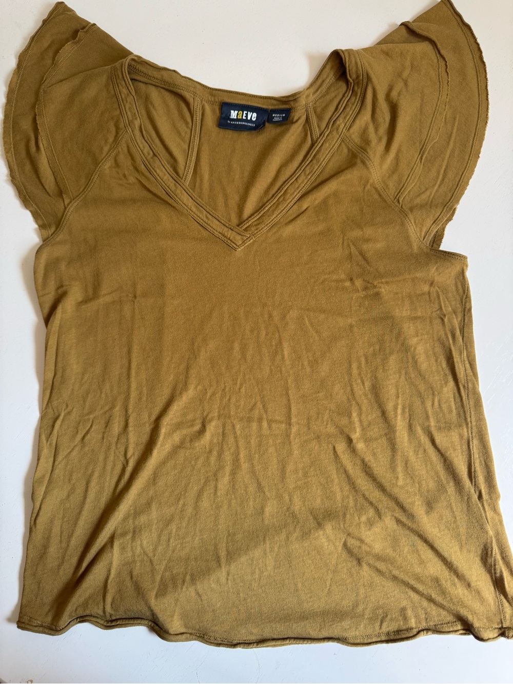 Maeve by Anthropologie Flutter Sleeve V-Neck Top in Army Green